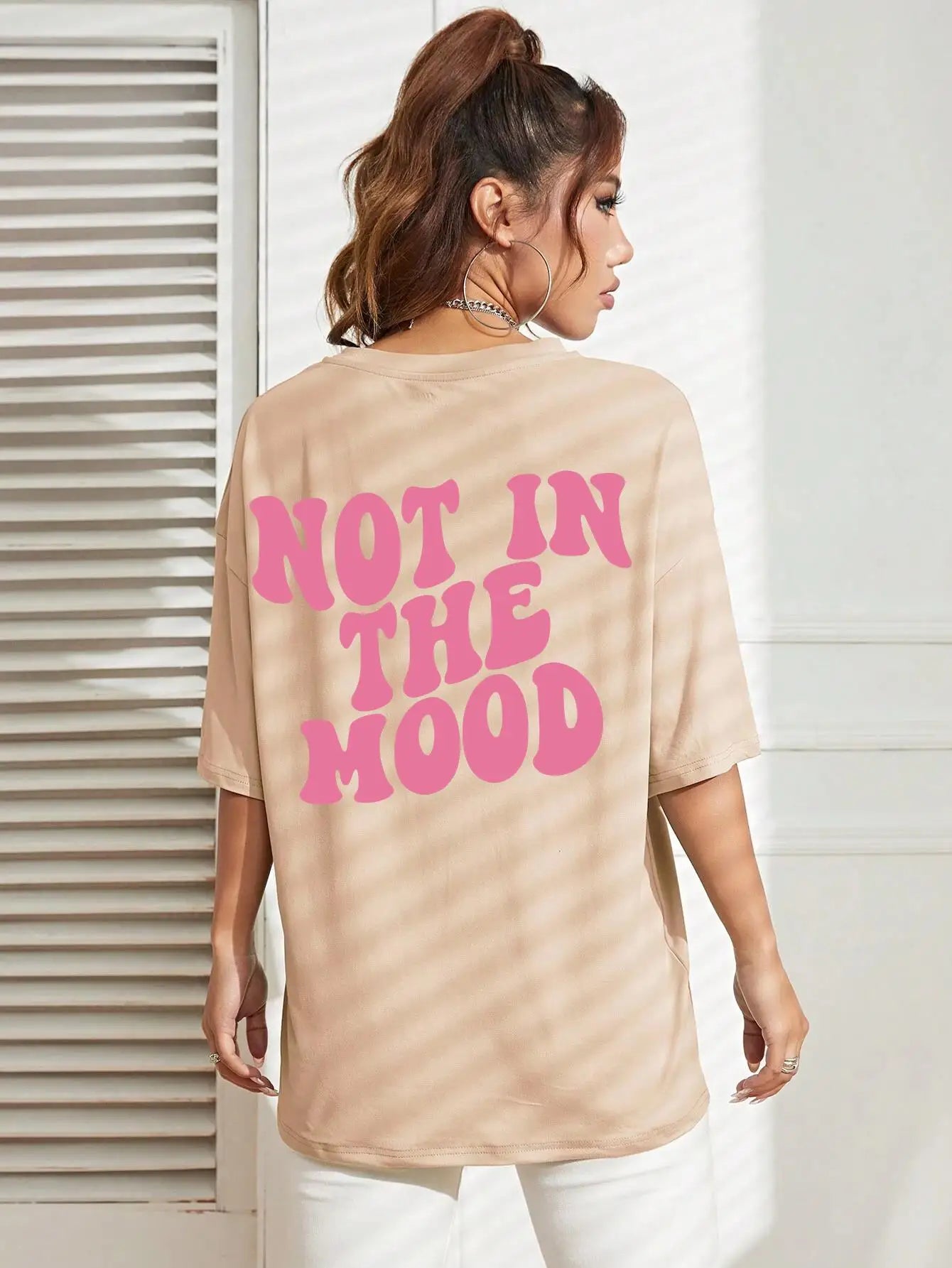 Not In The Mood Pink Letter Print T-Shirts