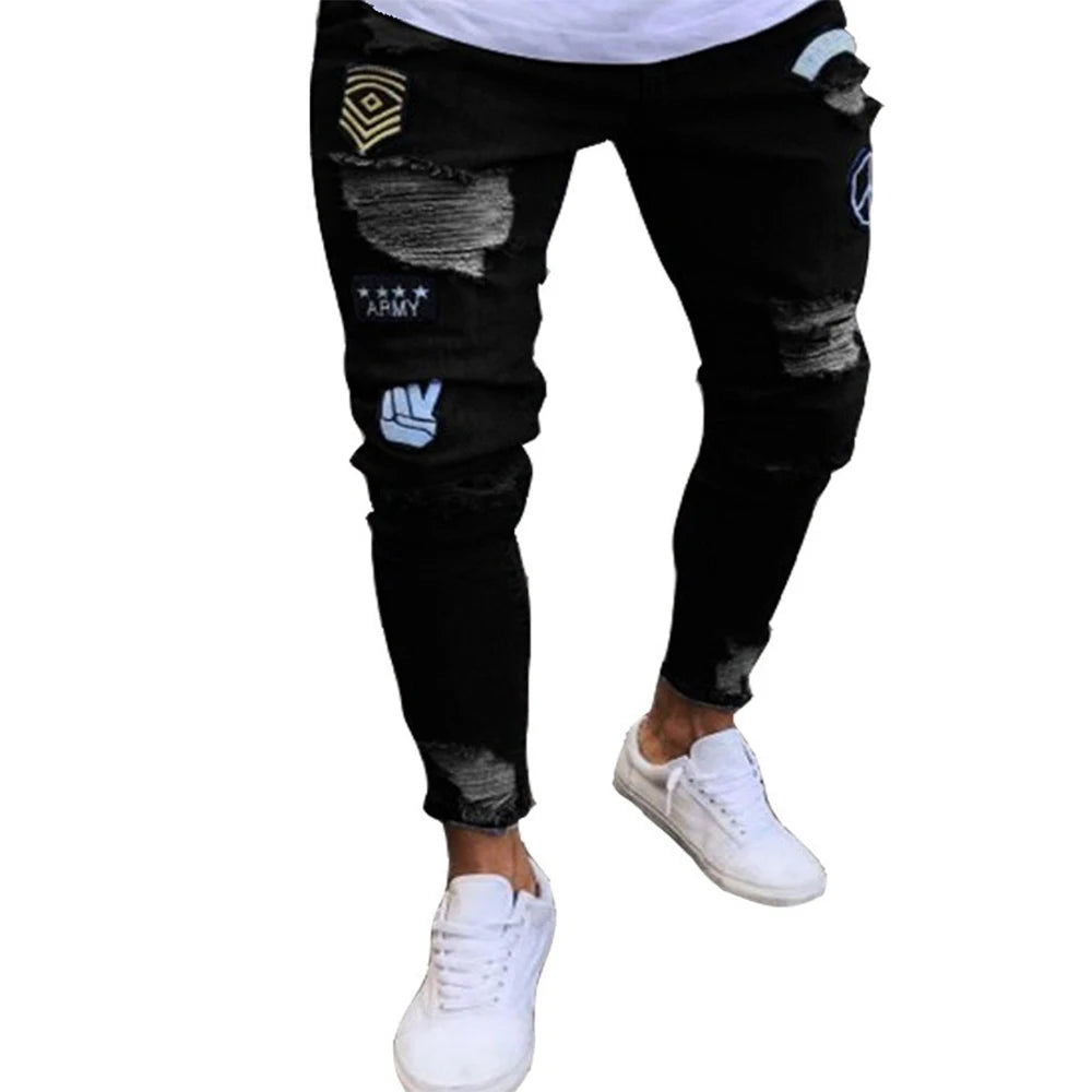 White Embroidery Skinny Ripped Jeans Men