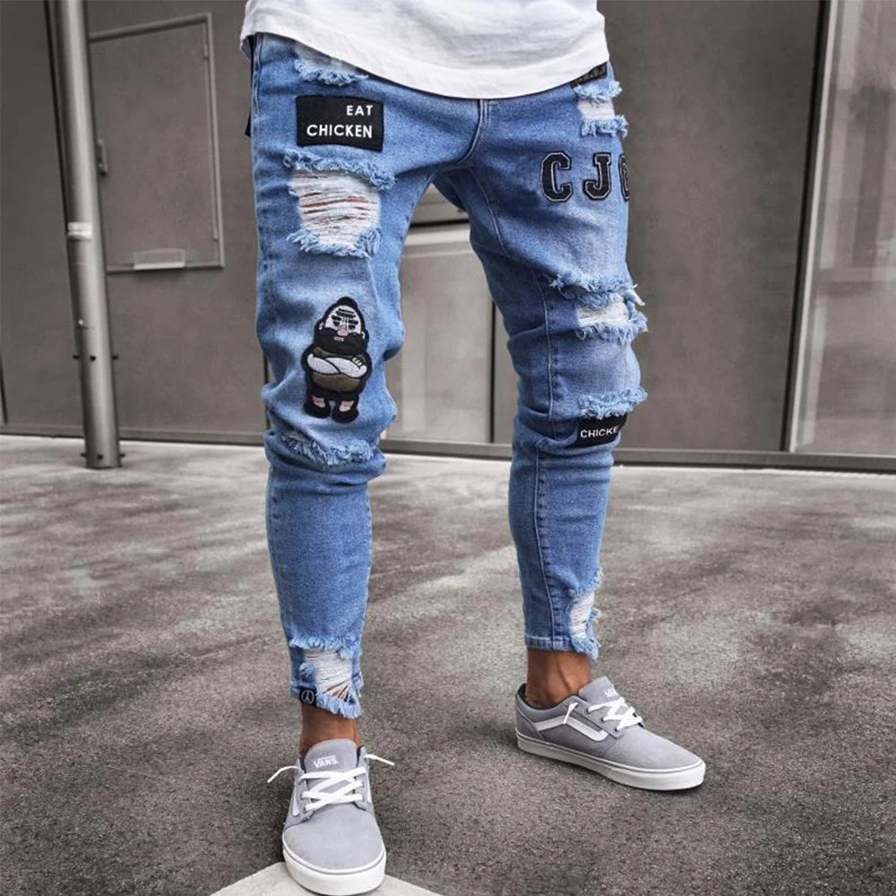 White Embroidery Skinny Ripped Jeans Men