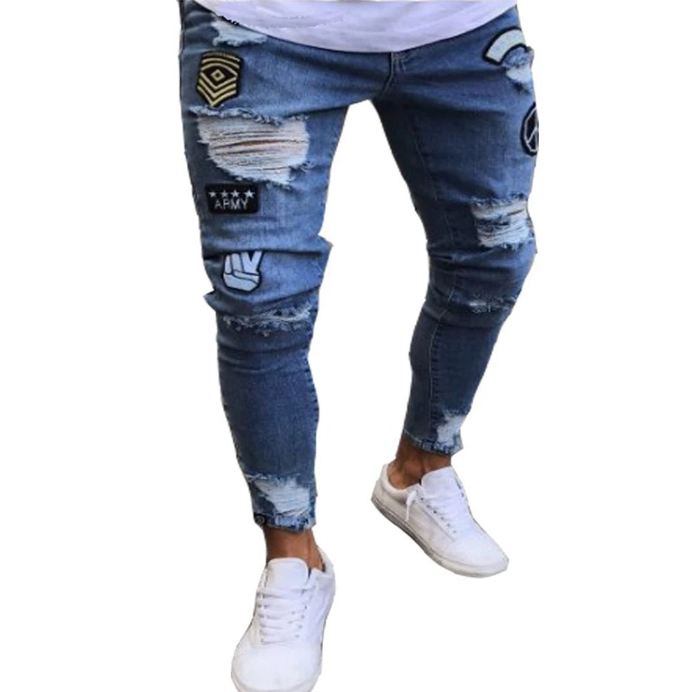 White Embroidery Skinny Ripped Jeans Men