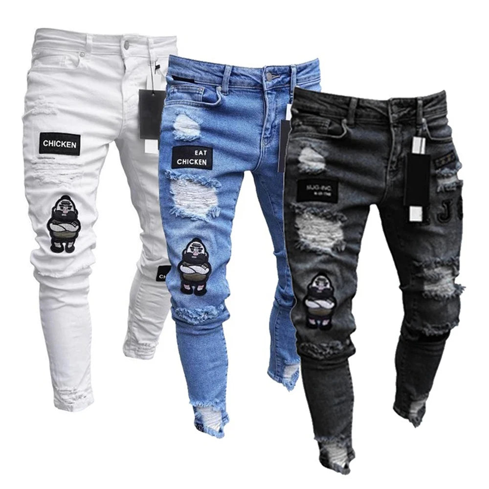 White Embroidery Skinny Ripped Jeans Men