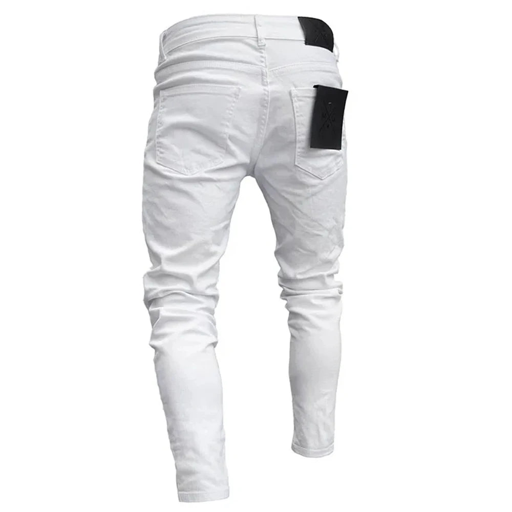 White Embroidery Skinny Ripped Jeans Men