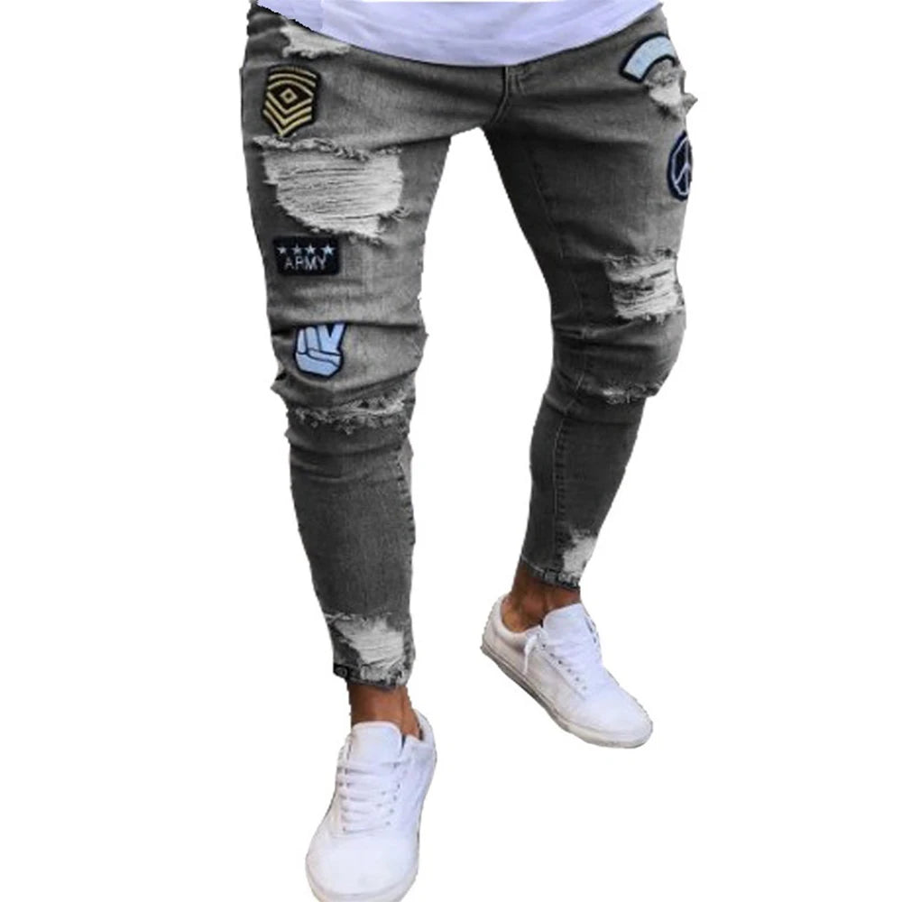 White Embroidery Skinny Ripped Jeans Men